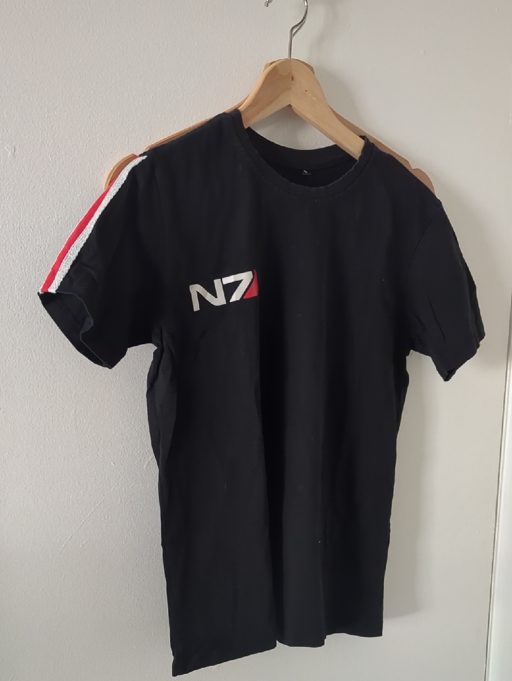 Black Logo Crewneck T-Shirt with Red & White Shoulder Stripe